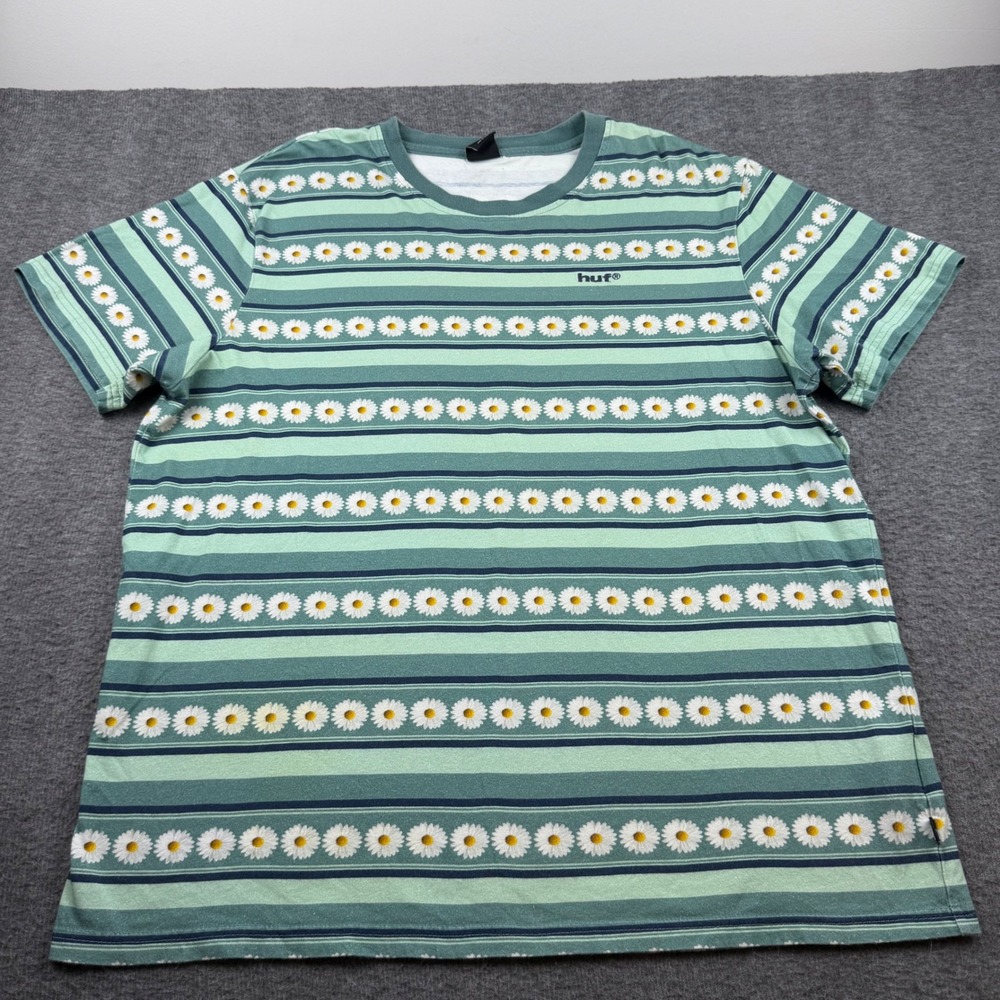 HUF Daisy Stripe T-Shirt Women's XL Green Floral Embroidered Logo Streetwear Tee